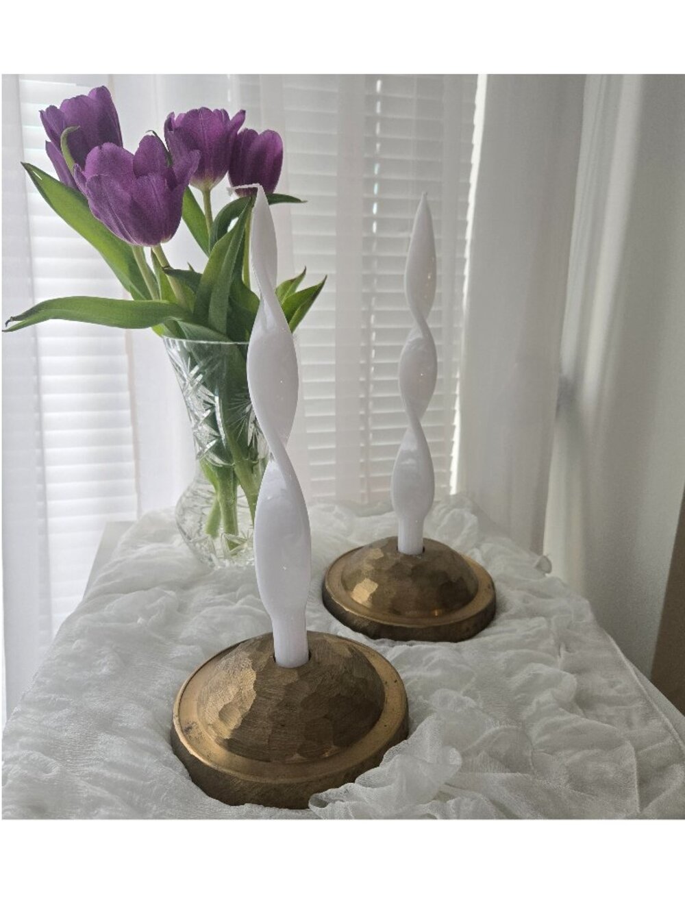 Pair of Hammered Brass Dome Candle Holders, Heavy Vintage Brass Taper Bases